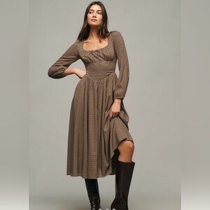 Reformation Oria Midi Dress Brown Gingham Cotton Prairie Dress NWT Size 6